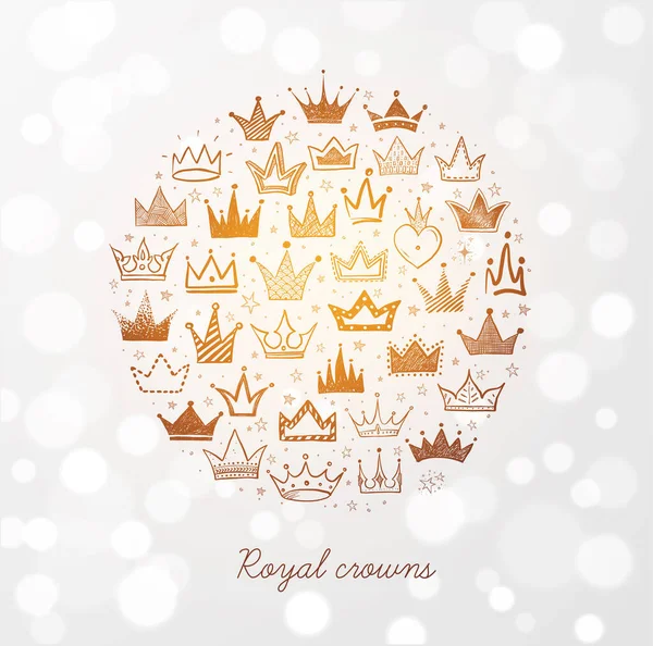 Card Doodle Crowns Circle White Glowing Background Vector Sketch Illustration — Stock Vector
