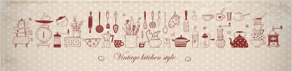 Composizione Con Utensili Cucina Doodle Fondo Pois Beige Vintage Illustrazione — Vettoriale Stock
