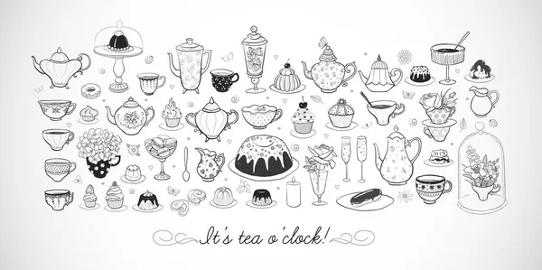 Russian Tea Party Doodles Sweets Vintage Tea Set White Background — стоковый вектор