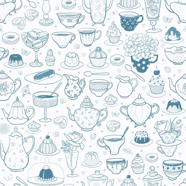 Seamless Pattern Tea Party English Style Tea Cups Teapots Bakery — Stock Vector