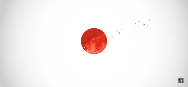 Stado Ptaków Czerwone Słońce Symbol Japonii Białym Tle Tradycyjne Orientalne — Wektor stockowy
