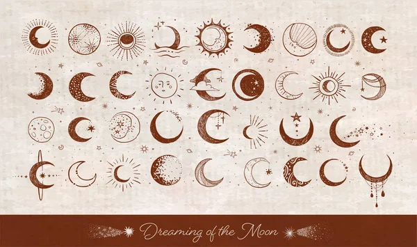 在古老的背景上与月亮的涂鸦 新月收集 矢量草图说明 — 图库矢量图片