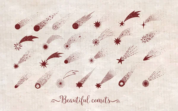 Zbiór Komet Doodle Meteoryty Spadające Gwiazdy Tle Vintage Ilustracja Szkicu — Wektor stockowy