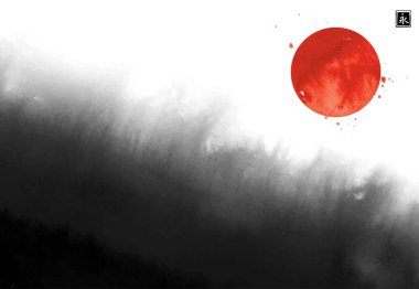 Soyut siyah mürekkep boyası, büyük bir sıçrama ve büyük kırmızı güneş çemberi, Japonya 'nın sembolü. Geleneksel Japon mürekkep boyası sumi-e..