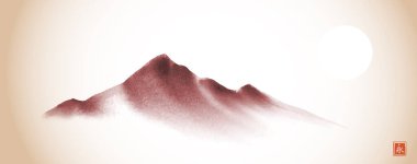 Eski tarz sisli dağlarla minimalist bir manzara. Geleneksel oryantal mürekkep boyası sumi-e, u-sin, go-hua. Hiyeroglifin çevirisi - sonsuzluk.