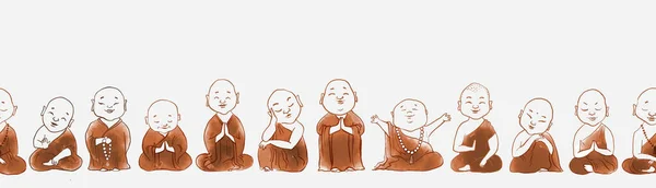 Płynny Poziomy Wzór Uroczymi Buddyjskimi Mnichami Kreskówek Może Być Stosowany — Wektor stockowy