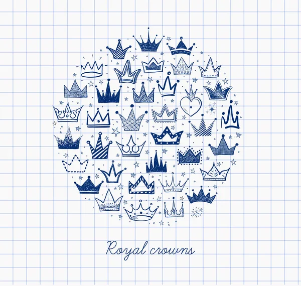 Tarjeta Con Coronas Garabato Azul Círculo Sobre Papel Forrado Dibujo — Vector de stock