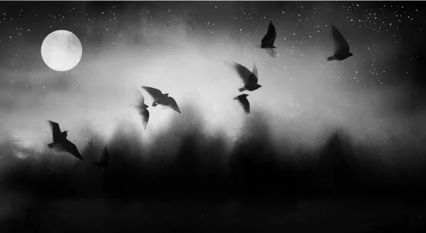 月と霧の森の上の鳥の群れと夢のような静かな風景 水墨画墨絵 すみえ — ストックベクタ