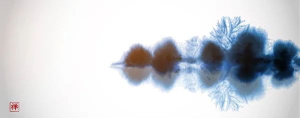 Рисование Чернилами Минималистском Чистом Стиле Голубой Туманный Остров Лесами Большим — стоковый вектор