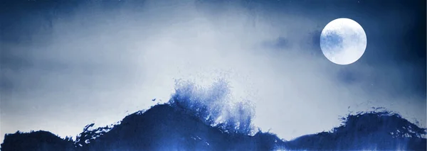 用蓝色的海浪冲洗水墨画 传统东方水墨画苏美 简约简约的风格 — 图库矢量图片