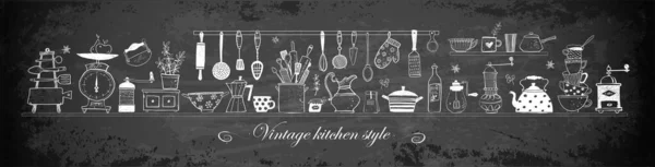 Composizione Con Utensili Cucina Doodle Vintage Sfondo Lavagna Illustrazione Schizzo — Vettoriale Stock