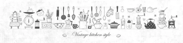 Composición Con Utensilios Cocina Doodle Sobre Papel Viejo Con Lugar — Archivo Imágenes Vectoriales