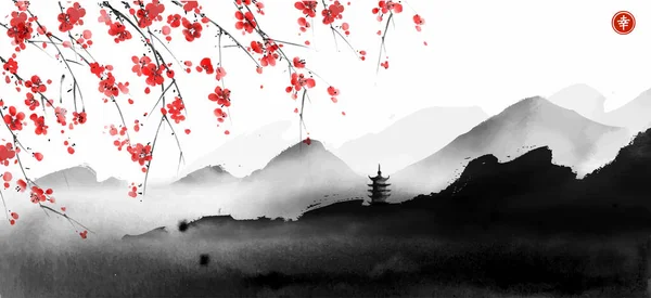 Krajobraz Sakura Kwiat Pagoda Rozci Gacz Czarnych Górach Tradycyjne Orientalne — Wektor stockowy