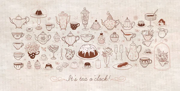 英国茶党涂鸦与糖果和复古茶具的复古背景 矢量草图说明 — 图库矢量图片