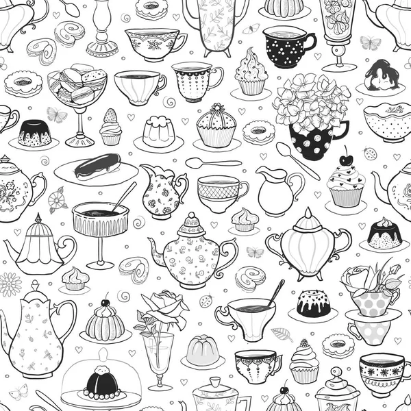 Безшовні Візерунки Чайною Вечіркою Англійському Стилі Чай Чайники Пекарня Квіти — стоковий вектор