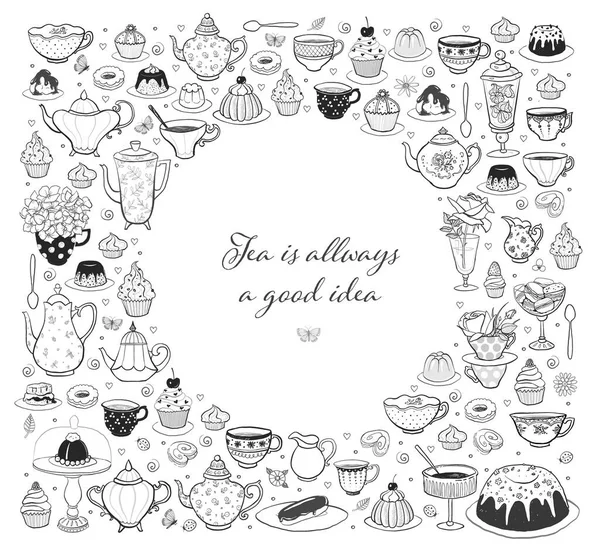 Card Tea Party Doodles White Background Place Your Text Vector — Stock Vector