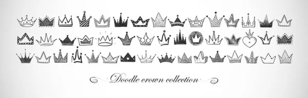 Horizontal Composition Collection Black Doodle Crowns White Background Vector Sketch — Stock Vector