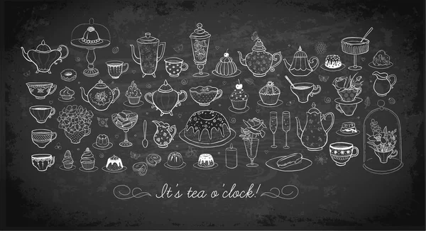 英国茶党涂鸦与糖果和复古茶设置在黑板背景 矢量草图说明 — 图库矢量图片