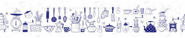 Fondo Horizontal Sin Costuras Con Utensilios Cocina Doodle Azul Estilo — Archivo Imágenes Vectoriales