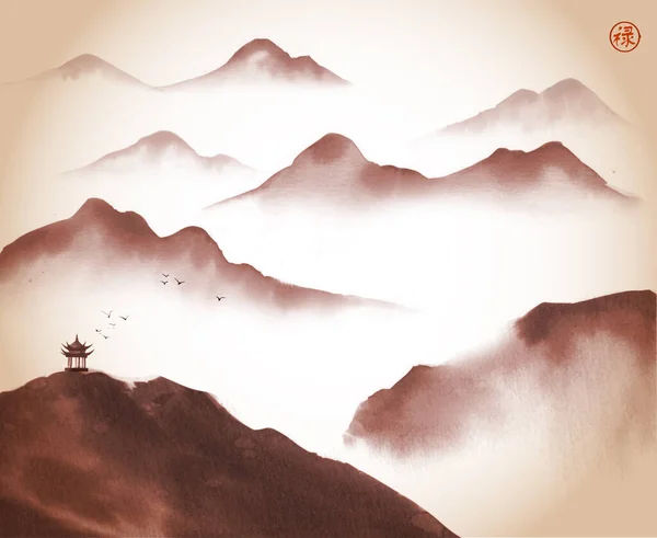 Tuschmalerei Mit Landschaft Chinesischen Stil Mit Pagodentempel Und Nebligen Bergen — Stockvektor