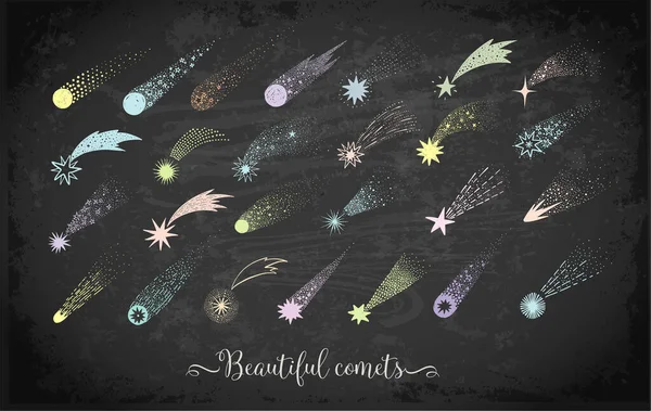 收集到的涂鸦彗星 陨石和流星在黑板背景 矢量草图说明 — 图库矢量图片