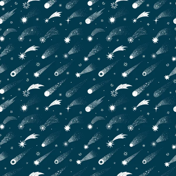 蓝白流星的卡通天空背景 有彗星的无缝隙空间模式 可用于墙纸 图案填充 纺织品 网页背景 表面纹理 — 图库矢量图片