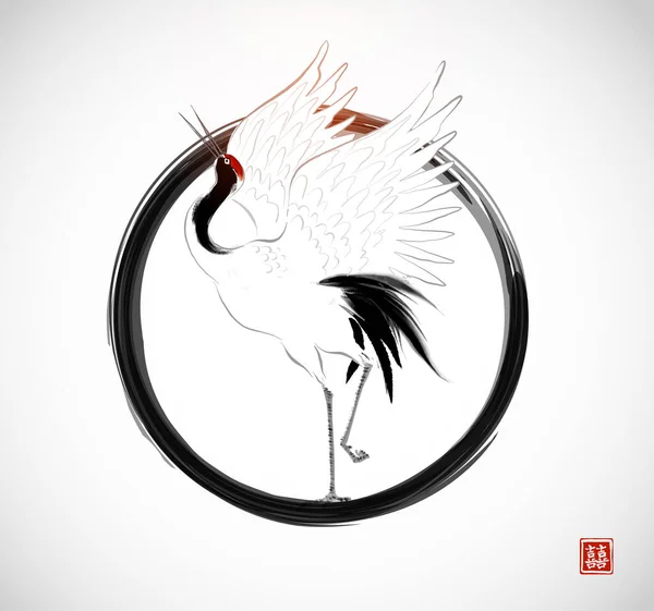 Tančící Japonský Jeřáb Enso Zen Kruhu Bílém Pozadí Tradiční Japonský — Stockový vektor