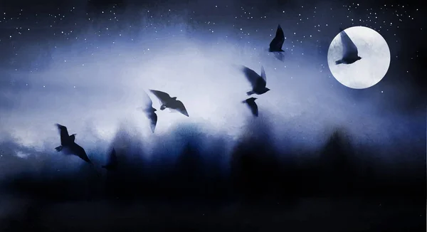 梦幻般宁静的风景与月亮和成群的鸟儿在雾蒙蒙的森林之上 日本传统水墨画苏美 — 图库矢量图片