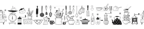 Horizontal Seamless Background Doodle Kitchen Utensils Vintage Style Vector Sketch — Stock Vector
