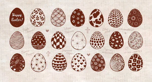 Antika Pirinç Kağıdına Karalanmış Paskalya Yumurtaları Farklı Dillerde Mutlu Paskalyalar — Stok Vektör