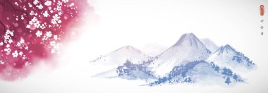 Çiçekli pembe sakura ağacı ve uzak mavi dağ silsilesiyle manzara. Geleneksel oryantal mürekkep boyası sumi-e, u-sin, go-hua. Hiyeroglifler - barış, sükunet, berraklık