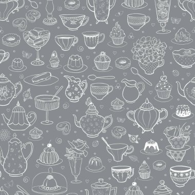 Kusursuz desenli çay partisi, İngiliz tarzında. Çay fincanları, çaydanlıklar, fırın, soğuk gri arka planda çiçekler. Duvar kağıdı, şablon dolguları, tekstil, web sayfası arka planı, yüzey dokuları için kullanılabilir