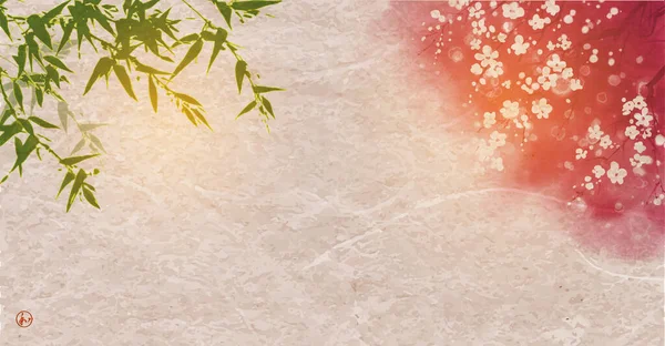 Ροζ Άνθος Sakura Και Πράσινο Δέντρο Μπαμπού Vintage Φόντο Παραδοσιακή — Διανυσματικό Αρχείο