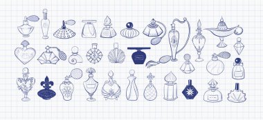 Çizgili kağıda yazılmış eski parfüm şişelerinin koleksiyonu. Vektör çizimi çizimi.