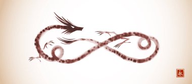 Eski tarz Çin ejderhası mürekkep yıkama tablosu. Geleneksel oryantal mürekkep boyası sumi-e, u-sin, go-hua. 2024 yılının sembolü. Hiyeroglifler - barış, sükunet, berraklık, sonsuzluk