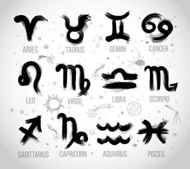 Zodiak simge işaretleri beyaz arkaplanda mürekkeple çizilmiş. Astroloji sembolleri, yıldız falı. Vektör illüstrasyonu