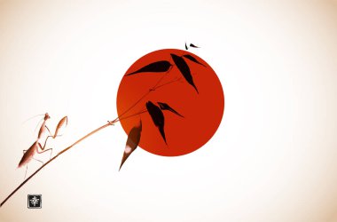 Büyük kırmızı güneşli mürekkep boyası ve bambu dalında oturan peygamber devesi. Geleneksel oryantal mürekkep boyası sumi-e, u-sin, go-hua. Hiyeroglif- mutluluk