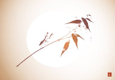 Bambu dalında mavi peygamber devesi ve gökte ay. Geleneksel oryantal mürekkep boyası sumi-e, u-sin, go-hua. Hiyeroglifin çevirisi - sonsuzluk.