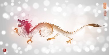 Beyaz arka planda ejderhalı mürekkep boyası. Geleneksel oryantal mürekkep boyası sumi-e, u-sin, go-hua. Hiyeroglifin çevirisi - yaşam enerjisi.