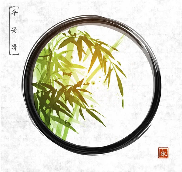 Bambù Verde Cerchio Zen Enso Nero Fondo Carta Riso Geroglifici — Vettoriale Stock