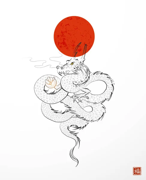 Immagine Disegnata Mano Drago Orientale Grande Sole Rosso Sfondo Bianco — Vettoriale Stock