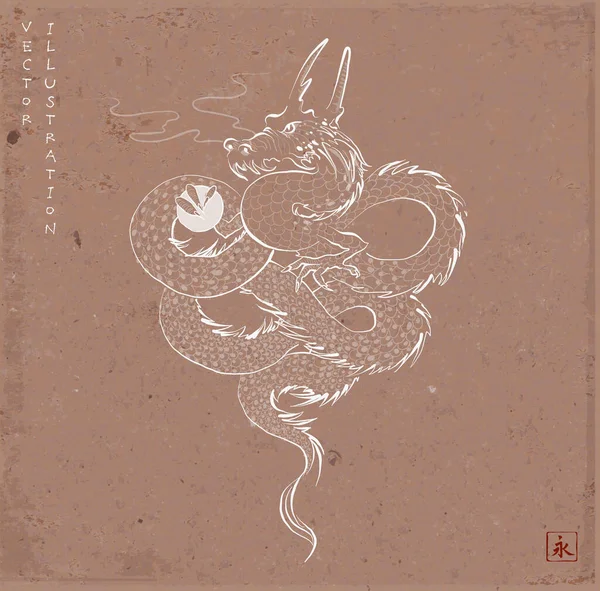 Handgezeichnetes Bild Eines Orientalischen Drachen Auf Braunem Paketpapier Hintergrund Übersetzung — Stockvektor