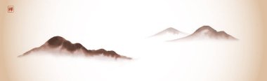 Eski tarz sisli dağlarla minimalist mürekkep boyama. Geleneksel oryantal mürekkeple panoramik manzara boyası sumi-e, u-sin, go-hua tarzı. Hiyeroglif- zen.
