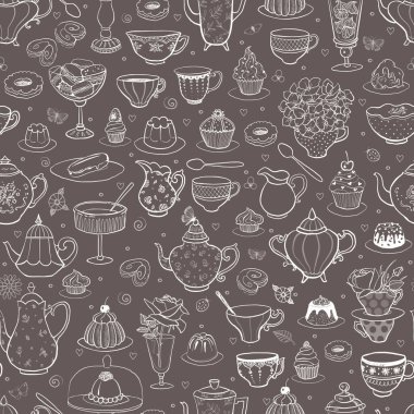 Kusursuz desenli çay partisi, İngiliz tarzında. Çay fincanları, çaydanlıklar, fırın, kahverengi arka planda çiçekler. Duvar kağıdı, şablon dolguları, tekstil, web sayfası arka planı, yüzey dokuları için kullanılabilir