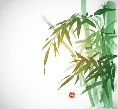 Beyaz zemin üzerinde yeşil bambu ağacı olan mürekkep boyası. Geleneksel oryantal mürekkep boyası sumi-e, u-sin, go-hua. Hiyeroglifin çevirisi - refah.