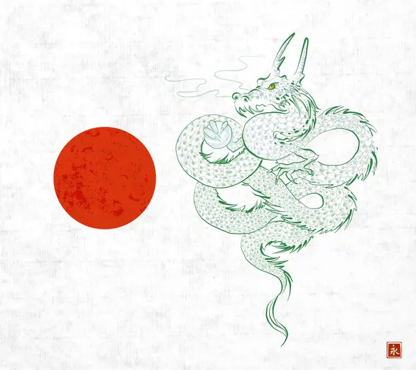 Grüner Drache Und Große Rote Sonne Auf Reispapier Hintergrund Übersetzung — Stockvektor