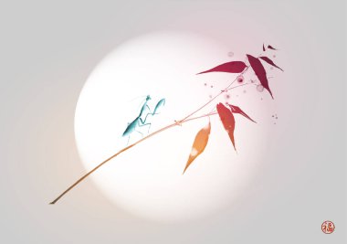 Bambu dalında ve güneşte dua eden mavi peygamberdevesi. Geleneksel oryantal mürekkep boyası sumi-e, u-sin, go-hua. Hiyeroglifin çevirisi - refah.