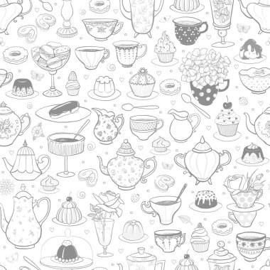 Kusursuz desenli çay partisi, İngiliz tarzında. Çay fincanları, çaydanlıklar, fırın, çiçekler. Duvar kağıdı, şablon dolguları, tekstil, web sayfası arka planı, yüzey dokuları için kullanılabilir