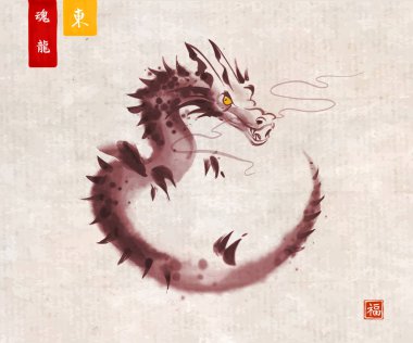 Ink wash painting of curled up dragon on vintage background .Traditional oriental ink painting sumi-e, u-sin, go-hua. Symbol of the chinese new year 2024. Translation of hieroglyph - good luck, soul clipart
