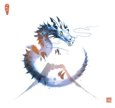 Kıvrılmış mavi ejderha ve dağın mürekkep boyası. Geleneksel oryantal mürekkep boyası sumi-e, u-sin, go-hua. 2024 Çin Yeni Yılı 'nın sembolü. Hiyeroglifin çevirisi - iyi şanslar.